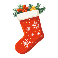 A Christmas stocking clipart, festive accessory, flat design, bright red, isolated on white background