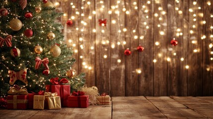 Festive Christmas Scene with Rustic Wall, Garland, Tree, and Gifts on Matte Wallpaper Background