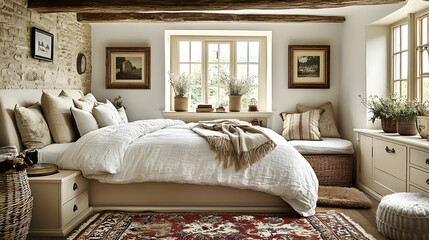 Cozy bedroom with a stone wall, wooden beams, a white bed, a large window, and a rug on the floor.