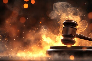 Gavel in Smoke and Fire Justice Law Legal Concept