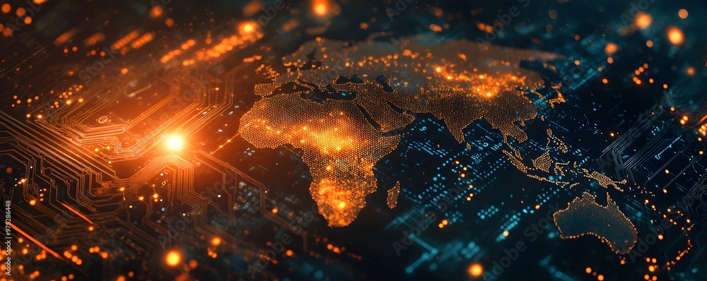 Poster global network circuit board with glowing world map