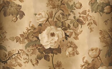 Generative-AI, Faded Vintage Floral Pattern with Soft Roses and Leaves in Muted Colors
