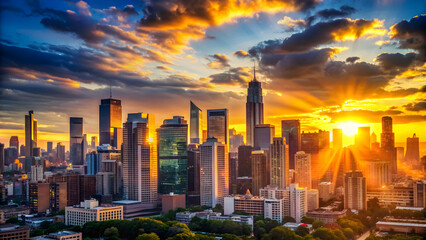 Fototapeta premium Vibrant sunset casting warm light on city buildings and skyline, sunset, city, urban, buildings, skyline, dusk