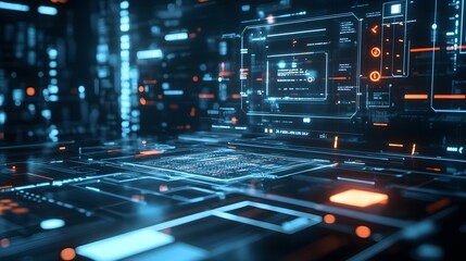 A futuristic 3D search engine interface with floating holographic search bars, hovering in mid-air. The transparent interface is surrounded by digital data streams and glowing icons, creating 