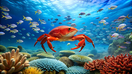 Underwater image of red crab on coral reef with school of fish in background, crab, coral reef, underwater, red, marine life