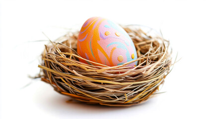 Easter egg in a straw nest, isolated on a white background