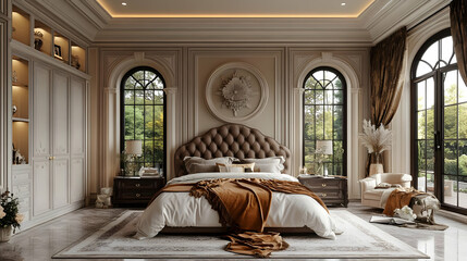 Luxurious bedroom interior with large windows, tufted headboard, and elegant decor.