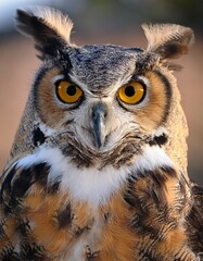 Fototapeta premium Isolated great horned owl with depth of field showcasing large tufts and striking eyes