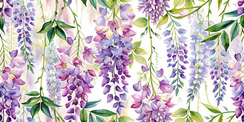 Watercolor-style wisteria flower patterns for seamless tiling , watercolor, wisteria, flowers, floral, pattern, seamless, tiling