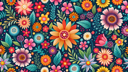 Abstract seamless floral pattern with vibrant blooming flowers and whimsical fantasy elements, floral, fantasy, textile