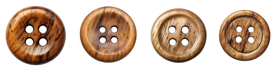 set of wooden shirt buttons with natural texture isolated background