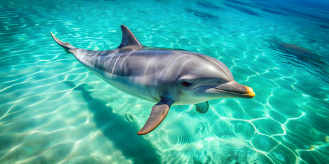 Fototapeta premium Swimming dolphin in clear turquoise water, dolphin, marine life, underwater, sea creature, playful, aquatic mammal