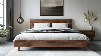 Minimalist bedroom interior design with a wooden bed frame, white bedding, and a bedside table.