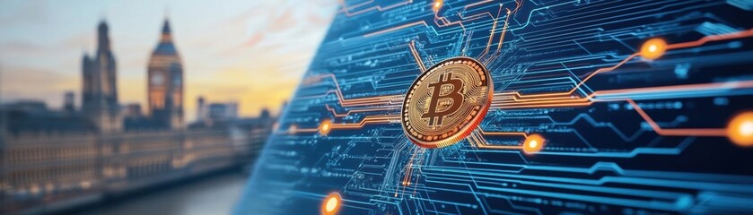 Fototapeta premium A futuristic skyline with blockchain icons, symbolizing the integration of cryptocurrency in economic growth blockchain economy, digital financial growth