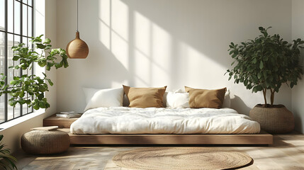 Minimalist bedroom interior with a large bed, a hanging lamp, two plants, and a rug.