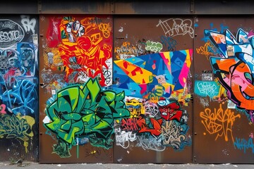 Vibrant Urban Street Art Collage of Stencils and Tags on Distressed Metal Surface