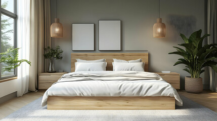 Minimalist bedroom with a large bed, two nightstands, and two framed pictures on the wall.