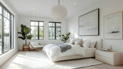 Minimalist bedroom with a large bed, white bedding, and a large window with natural light.