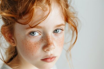 Portrait of a young girl with reddish hair and freckles, showing her skin concerns against a simple white background