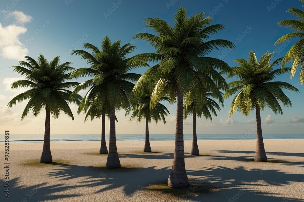 Poster high quality 3d renderings of palm and coconut trees with realistic ground shadows for coastal and n