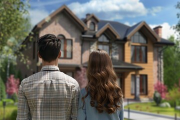 Fototapeta premium Young couple views potential home during house-hunting adventure in a suburban neighborhood under bright skies
