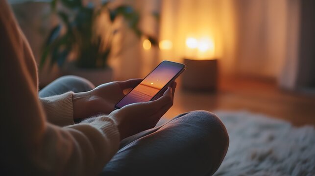A person doing a guided meditation using a phone app for stress relief