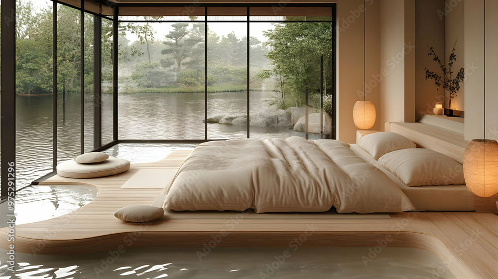 Canvas Prints Minimalist bedroom with a wooden platform bed and a view of a pond and forest.