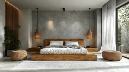 Minimalist bedroom with a wooden platform bed, white linens, and two wicker ottomans.