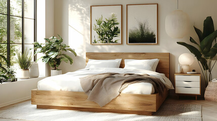 Minimalist bedroom with large windows, wooden bed frame, white bedding, plants and a bedside table.