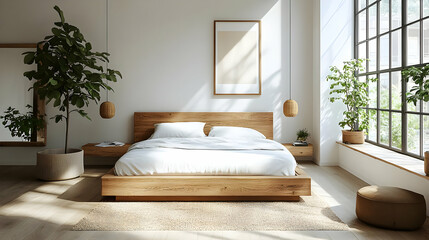 Minimalist bedroom with large windows, wooden bed frame, white bedding, two plants, and natural light.