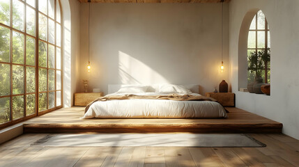 Minimalist bedroom with large windows, wooden floor, platform bed, and warm sunlight.