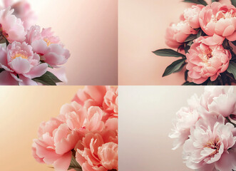 Peony flowers in a pastel pink color on a beige background, blurred, with copy space for a concept banner and design