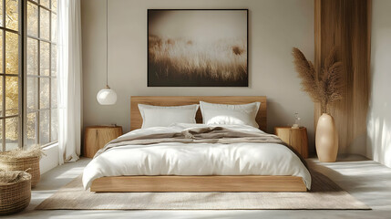 Minimalist bedroom with wooden bed, white bedding, and a large window overlooking a field.