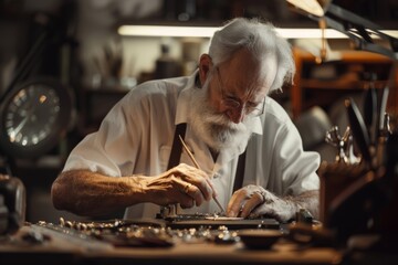 Senior jeweler crafts intricate jewelry in his workshop during a focused afternoon session