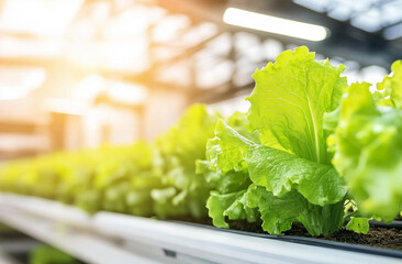 A high-tech hydroponic system is shown in a modern greenhouse setting
