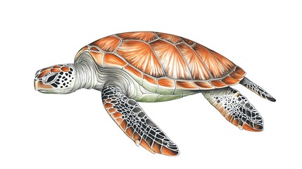 Beautiful sea turtle gracefully gliding through the ocean. The turtle’s detailed shell and gentle movements are captured in a serene underwater scene,