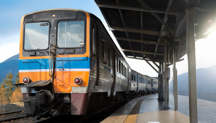 Vintage train on railway station transportation on country site in morning light