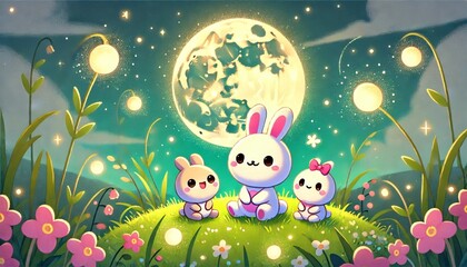 Naklejka premium A cute rabbit and playful dango characters sit on a grassy hill, illuminated by the strong glow of the full moon, surrounded by gently glowing fireflies and swaying flowers in the peaceful night.