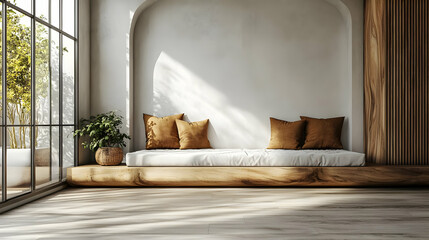 Minimalist living room with a wooden platform bed and large windows.