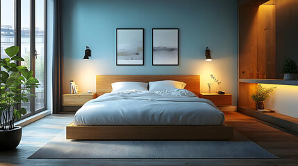 Modern bedroom interior design with a king-size bed, wooden floor, two bedside tables, wall lamps, and two framed artworks on the wall.