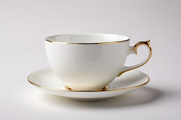 a white cup and saucer with gold trim                             