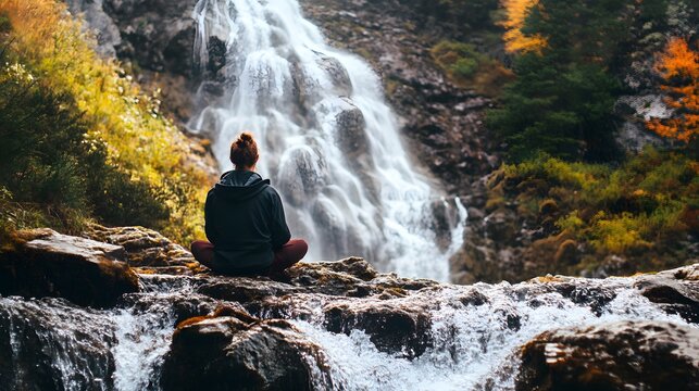 A serene image of a person sitting by a waterfall practicing mindfulness