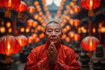 Fototapeta premium An elderly man wearing traditional Chinese clothing stands under a lantern