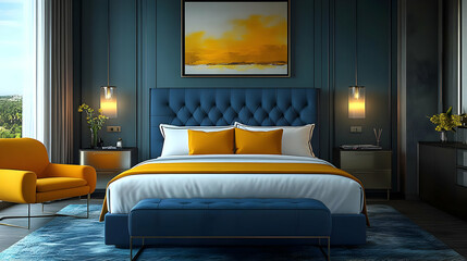 Modern bedroom interior with a blue tufted headboard, yellow throw pillows, and a matching armchair.