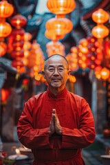 Fototapeta premium An elderly man wearing traditional Chinese clothing stands under a lantern