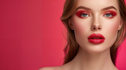 Fototapeta premium Stunning Woman with Professional Makeup – Ideal for Fashion, Beauty, and Model Photography Showcasing Flawless Makeup Application and Elegant Facial Aesthetics