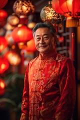 Fototapeta premium An elderly man wearing traditional Chinese clothing stands under a lantern