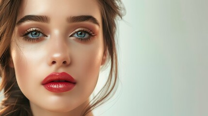 Fototapeta premium Stunning Woman with Professional Makeup – Ideal for Fashion, Beauty, and Model Photography Showcasing Flawless Makeup Application and Elegant Facial Aesthetics