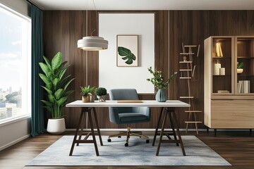 Modern Cozy Home Office Mockup 3D Interior Design Render