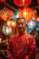 An elderly man wearing traditional Chinese clothing stands under a lantern